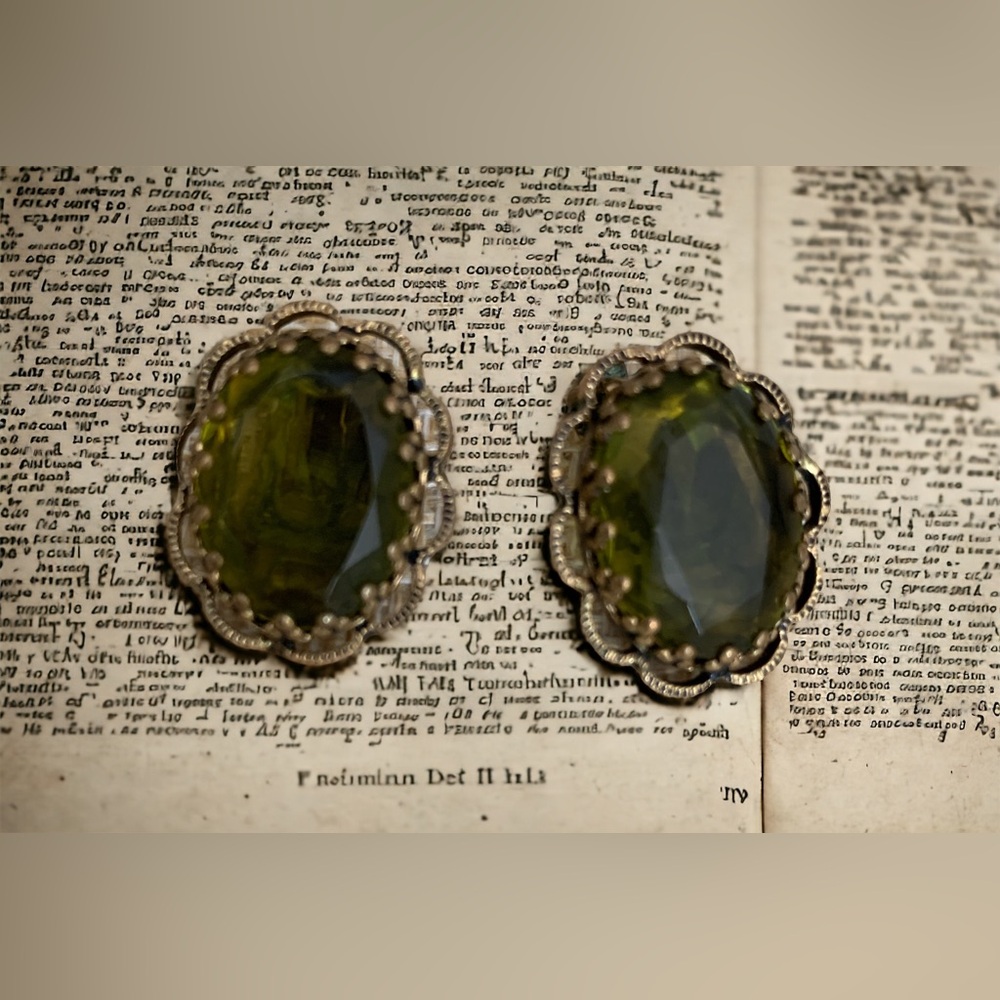 Vintage stamped West Germany green glass clip on earrings